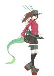  1girl brown_eyes brown_hair dragon_girl dragon_horns dragon_tail flat_chest full_body highres horns japanese_clothes kantai_collection kariginu magatama nito_(nshtntr) rigging ryuujou_(kancolle) solo standing tail twintails visor_cap 