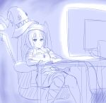  1girl bandaged_leg bandages belt closed_mouth collarbone dress expressionless feet_out_of_frame hat hat_removed headwear_removed highres keyboard_(computer) kono_subarashii_sekai_ni_shukufuku_wo! megumin monitor monochrome mouse_(computer) screen_light short_hair short_hair_with_long_locks sitting solo staff viperxtr witch_hat 