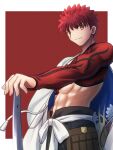  1boy bangs black_pants border bow closed_mouth cowboy_shot emiya_shirou eyebrows_visible_through_hair fate/grand_order fate_(series) hand_up highres looking_at_viewer looking_to_the_side male_focus migiha outside_border pants red_eyes red_hair sash sengo_muramasa_(fate) short_hair smile solo spiked_hair standing tassel 
