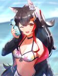  1girl animal_ear_fluff animal_ears ayataka_(milk9tomo) bikini black_choker black_hair black_jacket bottle_to_cheek breasts choker cleavage collarbone gradient_eyes hair_ornament halterneck highres hololive jacket long_hair looking_at_viewer medium_breasts midriff multicolored multicolored_eyes multicolored_hair navel off_shoulder one_eye_closed ookami_mio open_clothes open_jacket outdoors ramune red_eyes red_hair shorts side-tie_bikini solo string_bikini sweat swimsuit tail upper_body virtual_youtuber white_shorts wolf_ears wolf_girl wolf_tail yellow_eyes 