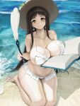  1girl bare_shoulders beach bikini black_hair black_survival book breast_rest breasts cleavage closed_mouth collarbone commentary_request frilled_bikini frills green_eyes gweon_sua hat holding holding_book holding_quill large_breasts letdie1414 long_hair looking_at_viewer md5_mismatch navel open_book quill sand seiza sitting smile solo straw_hat sun_hat swimsuit symbol-shaped_pupils thighs very_long_hair water wet white_bikini 