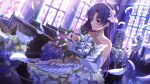 1girl bangs bare_shoulders blue_flower blue_hair blush bouquet bride brown_eyes church dress earrings elbow_gloves eyebrows_visible_through_hair feathers flower frilled_dress frills gloves hair_flower hair_ornament holding holding_bouquet idolmaster idolmaster_million_live! idolmaster_million_live!_theater_days indoors jewelry kisaragi_chihaya long_hair narumi_arata necklace official_art pink_flower sleeveless sleeveless_dress smile solo stained_glass strapless strapless_dress sunlight white_dress white_flower white_gloves window 