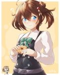  2girls ahoge alternate_hairstyle arthur_ko black_dress blue_eyes bow bowtie brown_hair cosplay double_bun dress green_neckwear hair_bun hair_ornament highres kantai_collection long_sleeves michishio_(kancolle) michishio_(kancolle)_(cosplay) multiple_girls pinafore_dress remodel_(kantai_collection) shigure_(kancolle) shirt short_twintails sleeveless sleeveless_dress solo_focus twintails wavy_mouth white_shirt 