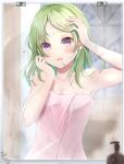  1girl armpits bangs blush breasts bruise bruise_on_face cleavage collarbone green_hair hand_in_hair injury long_hair looking_at_viewer materu_2532 mirror naked_towel open_mouth original parted_bangs pink_towel purple_eyes small_breasts soap_bottle solo standing towel wavy_mouth 