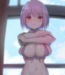  1girl bangs blurry blurry_background breasts cleavage clothes_lift collared_shirt eyebrows_visible_through_hair gatchan gridman_universe highres indoors large_breasts lifted_by_self light_purple_hair looking_at_viewer navel red_eyes shinjou_akane shirt shirt_lift short_hair smile solo ssss.gridman 