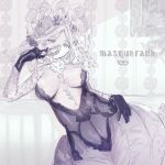  1girl areola_slip areolae bangs black_gloves covered_nipples djeeta_(granblue_fantasy) dress gloves granblue_fantasy hair_between_eyes hair_ornament hand_on_hip koza_game mask mask_removed masquerade_(granblue_fantasy) masquerade_mask monochrome parted_bangs patterned_clothing see-through sketch solo 
