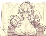  1girl :o ahoge blush braid breast_rest breasts brown_eyes collarbone collared_shirt commentary_request covered_nipples cup dripping drunk eyebrows_visible_through_hair frown granblue_fantasy hair_between_eyes holding holding_cup huge_breasts jacket koza_game large_breasts long_hair looking_at_viewer monochrome mug nipples no_bra open_mouth partially_unbuttoned ponytail saliva see-through shirt side_braid silva_(granblue_fantasy) solo upper_body white_hair 