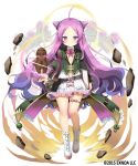 1girl ahoge belt belt_bag book boots burdock_(flower_knight_girl) commentary_request flat_chest flower flower_knight_girl forehead full_body kurot long_hair navel official_art purple_eyes purple_hair rock simple_background solo standing white_background 