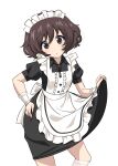  1girl :o absurdres akiyama_yukari alternate_costume apron bangs black_dress bolo_tie collared_dress dated dress enmaided excel_(shena) eyebrows_visible_through_hair girls_und_panzer hand_on_hip head_tilt highres kneehighs lips long_hair looking_at_viewer maid maid_apron maid_day maid_headdress medium_dress one-hour_drawing_challenge parted_lips simple_background skirt_hold solo standing sweatdrop white_apron white_background white_legwear wristband 