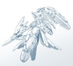  1girl alice_gear_aegis alternate_costume aqua_theme buchi_holes commentary g-spring_goddess_(ishiyumi) gundam gundam_0080 highres hygogg ishiyumi jetpack long_hair mecha_musume mechanical_parts monochrome original redesign solo wavy_hair 