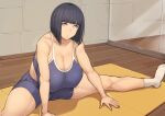  1girl bangs black_hair blue_tank_top blunt_bangs boruto:_naruto_next_generations breasts cleavage curvy highres hime_cut huge_breasts hyuuga_hinata indoors large_breasts light_purple_eyes metal_owl_(aden12) mirror naruto_(series) open_mouth plump purple_eyes shorts spread_legs stretch tank_top thick_thighs thighs white_legwear wooden_floor yoga_mat 