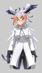  1girl absurdres bird_girl bird_wings black_gloves black_hair black_pants blonde_hair blue_hair book collared_shirt commentary cowboy_shot eyebrows_visible_through_hair glasses gloves gradient_hair grey_hair hair_between_eyes head_wings highres jacket kemono_friends long_jacket multicolored_hair orange_hair pants quill secretarybird_(kemono_friends) semi-rimless_eyewear shirt sleeve_cuffs solo tanabe_(fueisei) white_jacket white_shirt wings yellow_eyes 