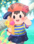  1boy arm_behind_head baseball_cap blush brown_hair child cloud flower flower_bracelet flower_on_head food hat holding holding_food ice_cream ice_cream_cone male_focus mizuki_(sjsj_10) mother_(game) mother_2 ness_(mother_2) ocean open_mouth palm_tree red_headwear shirt shorts sky smile striped striped_shirt t-shirt tree 
