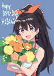  1girl :d bangs black_hair blue_background blue_eyes bouquet breast_hold breasts camisole character_name commentary earrings english_text eyebrows_visible_through_hair fang flower ganaha_hibiki hair_ribbon halterneck happy_birthday highres holding holding_bouquet hoop_earrings idolmaster idolmaster_(classic) jewelry long_hair looking_at_viewer open_mouth orange_ribbon ponytail ribbon shirt simple_background smile solo sutora_binsuke upper_body white_shirt 