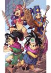  1boy 3girls aqua_hair bangs black_eyes black_hair blue_eyes brown_eyes dragon_quest dragon_quest_iii fighter_(dq3) fighting_stance helmet hungry_clicker long_hair multiple_girls outside_border priest_(dq3) purple_hair roto shield short_hair short_twintails soldier_(dq3) staff sword twintails weapon winged_helmet 
