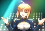  1girl :d =_= ahoge artoria_pendragon_(all) bangs blonde_hair blurry blurry_background bow braid closed_eyes eyebrows_visible_through_hair fate/stay_night fate_(series) hair_bow hands_up long_sleeves medium_hair migiha open_mouth raised_eyebrows saber sidelocks smile solo upper_body upper_teeth 