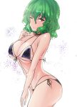  1girl arm_at_side ass bangs bare_arms bare_shoulders bikini black_bikini breasts commentary_request cowboy_shot eyebrows_visible_through_hair from_side green_hair hair_between_eyes hand_up highres kazami_yuuka large_breasts layered_bikini light_particles looking_at_viewer looking_to_the_side micro_bikini one-hour_drawing_challenge one_eye_closed parted_lips red_eyes shiny shiny_hair shiny_skin short_hair side-tie_bikini simple_background solo standing stomach string_bikini swimsuit thighs touhou wavy_hair white_background y2 