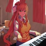  1girl brown_hair chair classroom curtains doki_doki_literature_club eyebrows_visible_through_hair green_eyes highres instrument jacket jacket_removed kamisatoyuu long_hair monika_(doki_doki_literature_club) music orange_vest piano piano_keys playing_instrument playing_piano ponytail ribbon school_uniform smile solo twitter_username very_long_hair vest white_ribbon window 