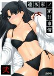  1girl black_bow black_bra black_eyes black_hair black_legwear black_panties blush bow bra closed_mouth cover cover_page doujin_cover embarrassed fate/stay_night fate_(series) hair_bow hand_up highres jin_(mitosupa) long_sleeves looking_at_viewer panties scan shirt side-tie_panties solo thighhighs tohsaka_rin twintails two_side_up underwear white_shirt 