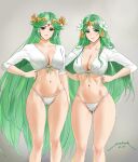  2girls bangs blush breasts cameltoe circlet cleavage collarbone color_connection commentary cropped_shirt dated english_commentary fire_emblem fire_emblem:_three_houses flower forehead_jewel green_eyes green_hair grey_background hair_color_connection hair_flower hair_ornament highres jewelry kid_icarus kid_icarus_uprising large_breasts long_hair long_sleeves look-alike looking_at_viewer multiple_girls navel palutena panties parted_bangs rhea_(fire_emblem) sendrawz shirt signature simple_background smile stomach tassel thighs trait_connection underwear very_long_hair white_panties white_shirt 