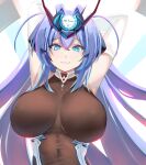  1girl :3 arms_up azur_lane blue_eyes blue_hair bodystocking breasts breasts_apart commentary_request covered_navel elbow_gloves gloves headgear highres large_breasts long_hair looking_at_viewer new_jersey_(azur_lane) shiki_(psychedelic_g2) smile solo upper_body very_long_hair white_gloves 