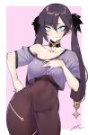  1girl black_hair blue_eyes blush bodystocking breasts choker collarbone contrapposto covered_navel cowboy_shot crop_top eyebrows_visible_through_hair genshin_impact hair_between_eyes j.k. licking_lips long_hair looking_at_viewer mona_megistus tongue tongue_out 