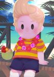  1boy beach blonde_hair blush child cloud coconut drinking_straw fence flower lei lucas_(mother_3) male_focus mizuki_(sjsj_10) mother_(game) mother_3 ocean palm_tree shirt shorts sitting sky smile socks striped striped_shirt t-shirt tree white_legwear 