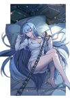 1girl akame_ga_kill! bangs barefoot bed_sheet blue_eyes blue_hair blush border breasts chain cleavage closed_mouth collarbone dress_shirt esdeath from_above full_body hair_between_eyes highres holding holding_chain k12io large_breasts legs long_hair long_sleeves looking_at_viewer lying naked_shirt on_back outside_border pillow shiny shiny_hair shirt smile soles solo very_long_hair white_border white_shirt 