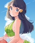  1girl alternate_costume ball bangs bare_arms beachball black_hair blush breasts closed_mouth cloud commentary dawn_(pokemon) day eyelashes green_swimsuit grey_eyes hair_ornament hairclip highres long_hair looking_to_the_side outdoors pokemon pokemon_(anime) pokemon_bw087 pokemon_bw_(anime) ririmon sky smile solo swimsuit 