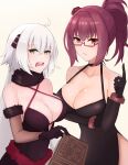  2girls bangs bare_shoulders black_dress black_gloves blush book breasts cleavage collarbone dress elbow_gloves fate/grand_order fate_(series) glasses gloves hayajitsu highres jeanne_d&#039;arc_(alter)_(fate) jeanne_d&#039;arc_(fate)_(all) large_breasts long_hair looking_at_viewer multiple_girls open_mouth ponytail scathach_(fate) scathach_(fate)_(all) silver_hair very_long_hair yellow_eyes 