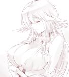  1girl beads breast_hold breasts buckler cleavage closed_eyes crossed_arms eyebrows_visible_through_hair g-sky_goddess_(ishiyumi) head_wings highres ishiyumi large_breasts long_hair monochrome original peplos prayer_beads sepia shield solo 