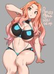  1girl agawa_ryou arm_support arm_up artist_name bangs blush breasts cleavage dated english_commentary eyebrows_visible_through_hair grey_background hair_intakes huge_breasts long_hair looking_at_viewer navel open_mouth orange_hair original signature simple_background sitting solo thick_thighs thighs wide_hips yellow_eyes 