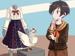 1girl bangs bird black_hair blouse blue_skirt brown_sailor_collar brown_serafuku brown_shirt brown_shorts commentary cowboy_shot crossover duck english_commentary frilled_blouse green_eyes hololive kantai_collection long_sleeves look-alike mannequin meme_attire mogami_(kancolle) multicolored multicolored_background one-hour_drawing_challenge orange_neckwear plaid plaid_skirt remodel_(kantai_collection) sailor_collar school_uniform serafuku shirt short_hair shorts sixten skirt standing subaru_duck swept_bangs virgin_killer_outfit white_blouse 