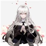  1girl arknights bangs black_dress dress eyebrows_visible_through_hair hair_between_eyes hands_clasped hands_up highres long_hair long_sleeves looking_at_viewer nun off-shoulder_dress off_shoulder own_hands_together praying red_eyes ribbed_sweater silver_hair smile solo specter_(arknights) sweater taiz22 tears turtleneck turtleneck_sweater upper_body white_background white_sweater 