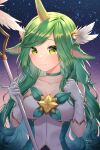  1girl alternate_hair_color artist_name bangs bare_shoulders blush breasts choker collarbone dress elbow_gloves eyebrows_visible_through_hair gloves green_choker green_eyes green_hair hands_up highres holding holding_staff horns large_breasts league_of_legends long_hair looking_at_viewer official_alternate_costume shrimp_cake single_horn smile solo soraka_(league_of_legends) staff star_(symbol) star_guardian_(league_of_legends) star_guardian_soraka upper_body watermark white_gloves 