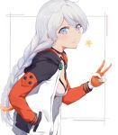  1girl blue_eyes braid doodle eriyy highres honkai_(series) honkai_impact_3rd jacket kiana_kaslana kiana_kaslana_(white_comet) long_hair orange_jacket pose simple_background sketch solo star_(symbol) twin_braids v white_background white_hair 