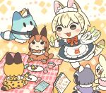  1girl :3 alternate_costume animal_ears apron black_dress blonde_hair bow bowtie caracal_(kemono_friends) cattail character_doll common_raccoon_(kemono_friends) dress enmaided extra_ears fennec_(kemono_friends) frilled_apron frilled_dress frills japari_symbol kemono_friends kemono_friends_3 kuro_shiro_(kuro96siro46) lucky_beast_(kemono_friends) maid maid_apron maid_headdress open_mouth picnic plant red_neckwear serval_(kemono_friends) serval_ears serval_girl serval_print serval_tail short_hair standing standing_on_one_leg tail translation_request tray white_apron white_legwear white_serval_(kemono_friends) 