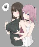  2girls absurdres behind_another blush breast_grab breasts brown_eyes brown_hair closed_mouth eyebrows_visible_through_hair fish_dumplings flat_chest from_behind girls_frontline grabbing grey_background highres large_breasts m4a1_(girls_frontline) multiple_girls pink_hair purple_eyes spoken_squiggle squiggle st_ar-15_(girls_frontline) yuri 