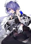  1girl absurdres arknights bare_shoulders black_legwear black_ribbon blue_eyes breasts chinese_commentary cleavage commentary_request cross_hair_ornament detached_sleeves gloves hair_ornament hair_over_one_eye highres large_breasts leg_ribbon long_hair long_sleeves looking_at_viewer pantyhose parted_lips purple_hair ribbon shenyuheimao simple_background solo thighs whisperain_(arknights) white_background white_gloves white_headwear 
