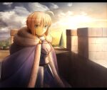  1girl ahoge armor armored_dress artoria_pendragon_(all) bangs black_eyes blonde_hair braid cape closed_mouth cloud eyebrows_visible_through_hair fate/grand_order fate/stay_night fate_(series) from_side fur_trim gauntlets hair_between_eyes looking_at_viewer looking_to_the_side medium_hair migiha mountain saber sidelocks sky smile solo standing upper_body 