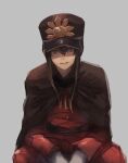  1boy bangs belt black_cape black_hair black_headwear buttons cape family_crest fate/grand_order fate_(series) gloves hat highres jacket jewelry koha-ace kouzuki_kei long_hair long_sleeves looking_at_viewer necklace oda_nobukatsu_(fate) oda_nobunaga_(fate)_(all) oda_uri open_mouth pants peaked_cap ponytail red_eyes red_jacket red_pants sidelocks sitting smile solo very_long_hair white_gloves 