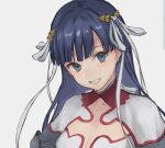  1girl bangs blue_eyes blunt_bangs blush breasts capelet cleavage earrings fate/grand_order fate_(series) grin hair_ribbon jewelry kouzuki_kei large_breasts long_hair looking_at_viewer martha_(fate) purple_hair ribbon smile solo white_capelet 