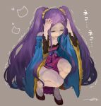  1girl bangs breasts chinese_clothes closed_eyes dress fate/grand_order fate_(series) forehead hair_ornament hair_scrunchie hands_on_own_head hanfu highres kouzuki_kei long_hair long_sleeves open_mouth parted_bangs paw_print pelvic_curtain purple_dress purple_hair scrunchie shawl sidelocks small_breasts solo squatting thighs translation_request trembling twintails very_long_hair wavy_mouth wide_sleeves wu_zetian_(fate) yellow_scrunchie 
