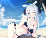  1girl :q animal_ears aqua_eyes bare_shoulders bikini black_bikini black_bow blue_sky blush bow breasts bunny_ears closed_mouth cloud collarbone commentary_request day flower frilled_bikini frills front-tie_bikini front-tie_top hair_bow hair_flower hair_ornament hair_rings hand_up horizon jewelry large_breasts long_hair lying navel necklace ocean on_side original outdoors palm_tree pearl_necklace pendant satsuki_yukimi side-tie_bikini silver_hair sky smile solo swimsuit tongue tongue_out tree very_long_hair water white_flower 