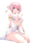  1girl :o absurdres bangs bare_shoulders blue_eyes blush braid breasts closed_eyes gloves hair_ornament hair_rings high-waist_skirt highres medium_breasts open_mouth pink_hair princess_connect! revealing_clothes shiny shiny_skin short_hair simple_background sitting skirt solo thighs underboob white_background white_gloves white_skirt xin_(zinc) yui_(princess_connect!) 