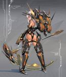  1girl ass black_gloves breasts english_commentary fingerless_gloves from_behind full_body gloves grey_background highres holding holding_weapon looking_at_viewer looking_back mecha_musume mixed-language_commentary original pinakes red_eyes short_hair small_breasts solo weapon white_hair 