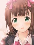  1girl amami_haruka bangs black_jacket blush bow bowtie brown_hair collared_shirt eyebrows_visible_through_hair green_eyes hair_ribbon highres idolmaster idolmaster_(classic) jacket looking_at_viewer nogoodlife open_mouth pink_ribbon portrait red_bow red_neckwear ribbon shiny shiny_hair shirt short_hair solo white_shirt wing_collar 