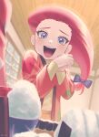  1girl black_bow bow food hair_bow hands_clasped highres japanese_clothes jessie_(pokemon) long_hair onigiri open_mouth own_hands_together pokemon pokemon_(anime) pokemon_(classic_anime) red_hair rice ruru_(gi_xxy) smile snow sushi window younger 