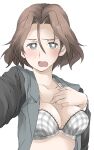  1girl azumi_(girls_und_panzer) bangs black_jacket blue_eyes blush bow bow_bra bra breasts bright_pupils brown_hair commentary elf_(stroll_in_the_woods) girls_und_panzer grey_bra half-closed_eyes highres jacket lace-trimmed_bra lace_trim long_sleeves looking_at_viewer medium_breasts military military_uniform no_shirt open_clothes open_jacket open_mouth opened_by_self parted_bangs selection_university_military_uniform selfie short_hair simple_background solo underwear uniform upper_body white_background white_pupils 