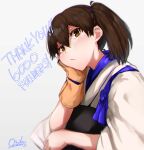  1girl artist_name brown_eyes brown_gloves brown_hair commentary_request gloves hand_on_own_face japanese_clothes kaga_(kancolle) kantai_collection long_hair mani_oniniku milestone_celebration muneate partially_fingerless_gloves side_ponytail single_glove solo tasuki upper_body yugake 